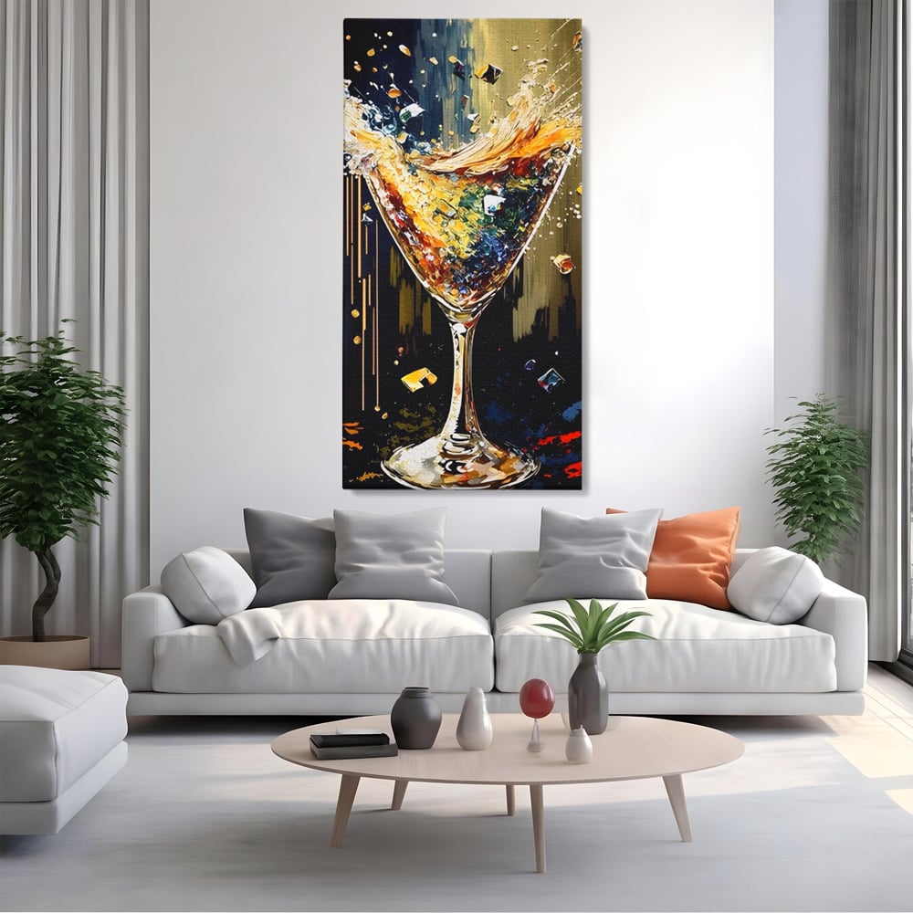 Tablou canvas cu tablou canvas cu pahar de cocktail in plina explozie de culori, fara rama, pe sasiu de lemn, pe perete intr-un living